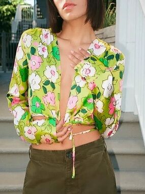 Zara Floral Satin Tie Front Crop Top Green Pink Retro Print M NWT